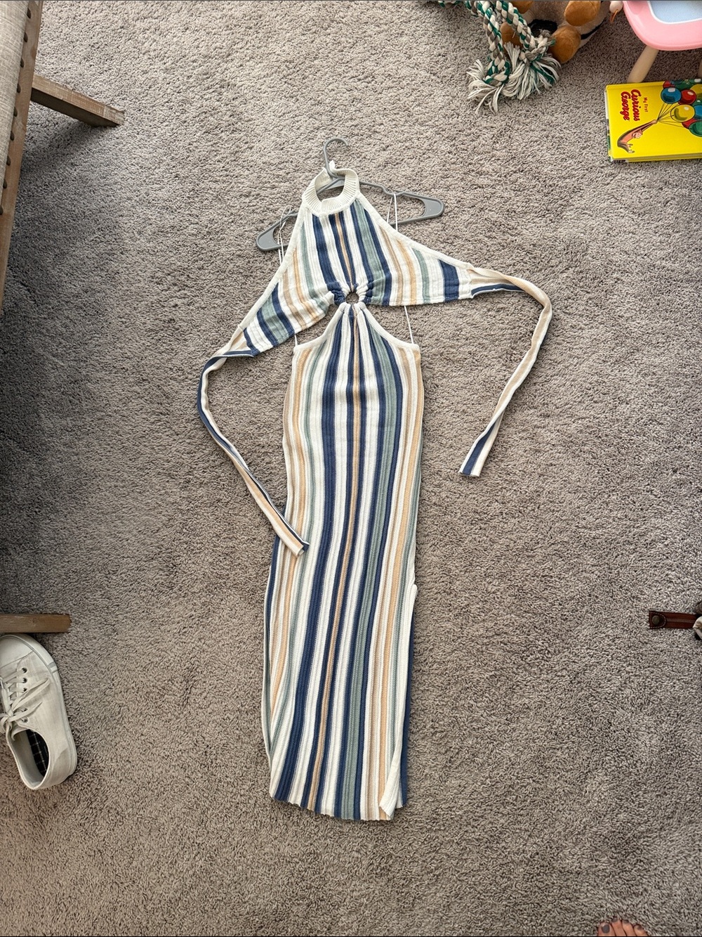 vestique Striped Halter Midi Dress in Blue, Cream & Tan
